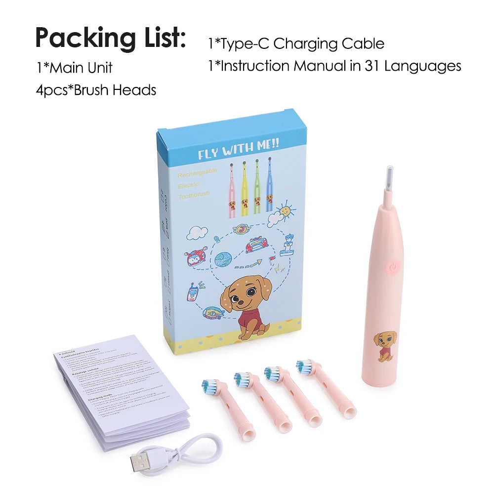 Children's Electric Toothbrush with 4 Replacement Heads Cartoon Kids Electric Toothbrush 5 Cleaning Modes Round Head Rotating