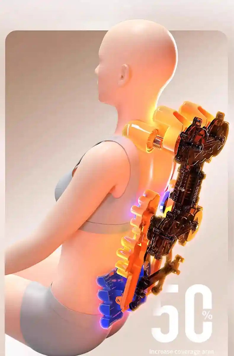 Transparent view of a person using a shiatsu massager showing orange and blue internal kneading nodes along the spine.