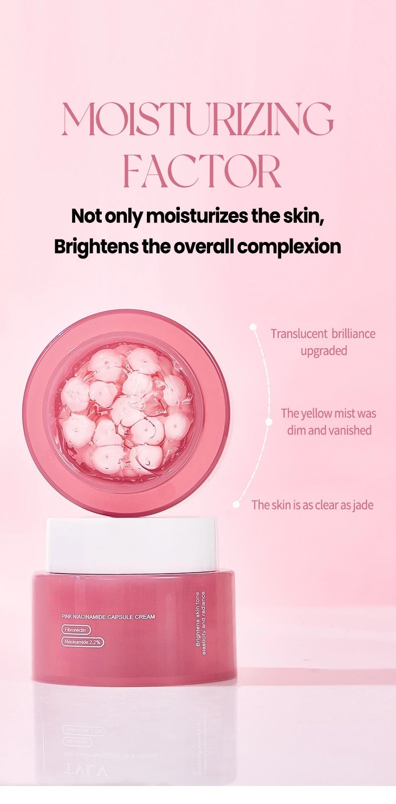 Pink jar of face cream showing translucent pink spheres inside a light pink packaging against a soft pink background.