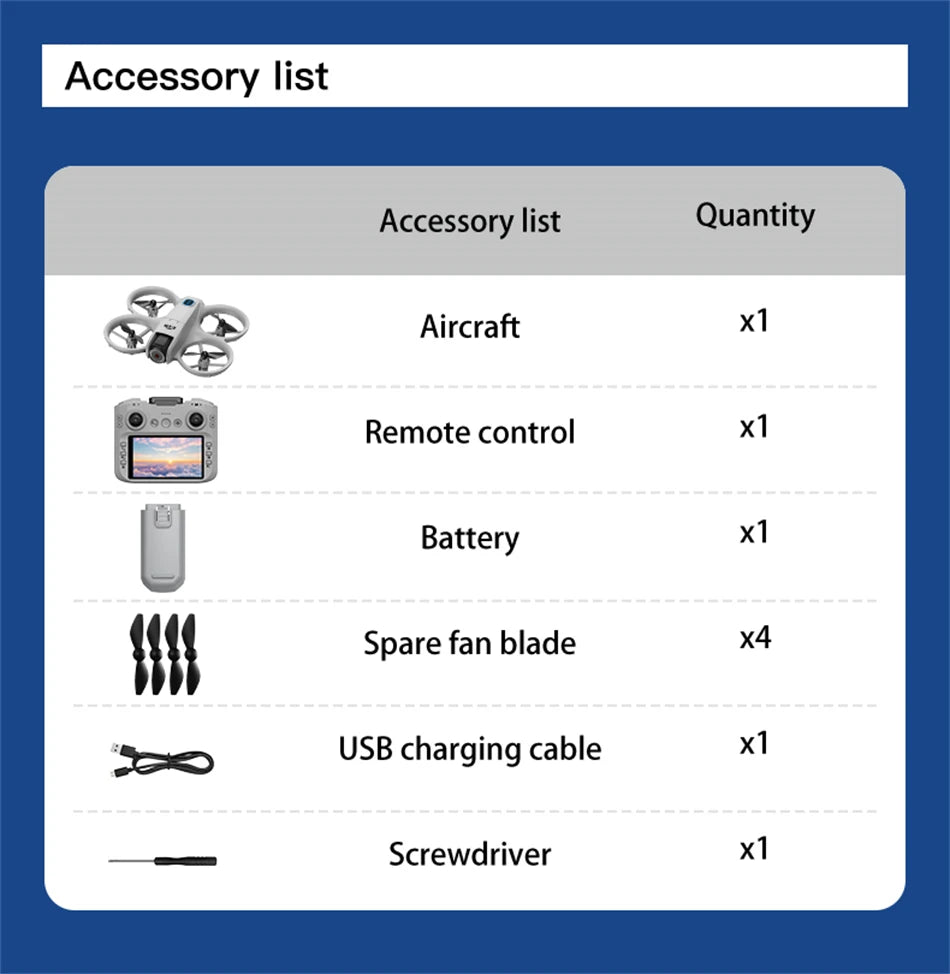 Table showing drone accessories: white quadcopter, remote, battery, four propellers, USB cable, and a screwdriver.