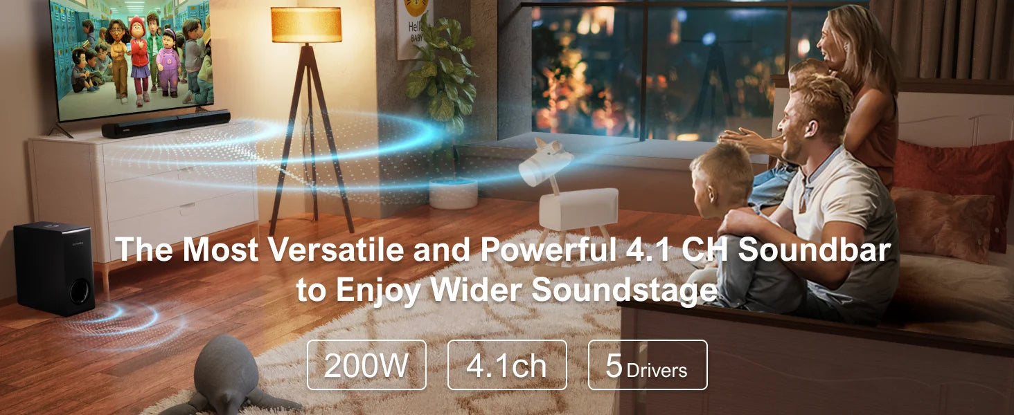 4.1 Channel Soundbar with Subwoofer - 200W Detachable Home Theater Tidesmit