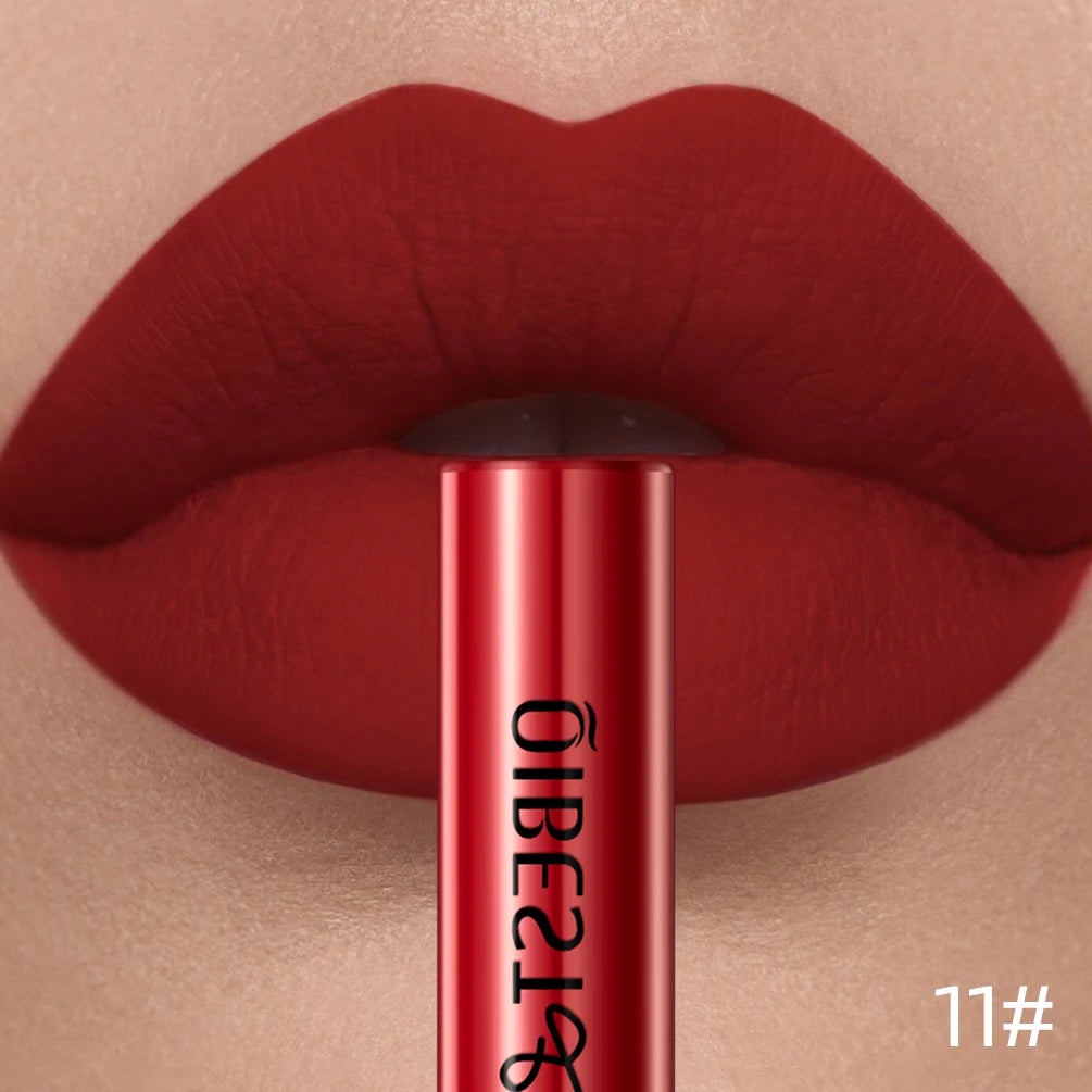 QIBEST long-lasting velvet matte liquid lipstick in sexy red, showing smooth, non-stick finish on lips.