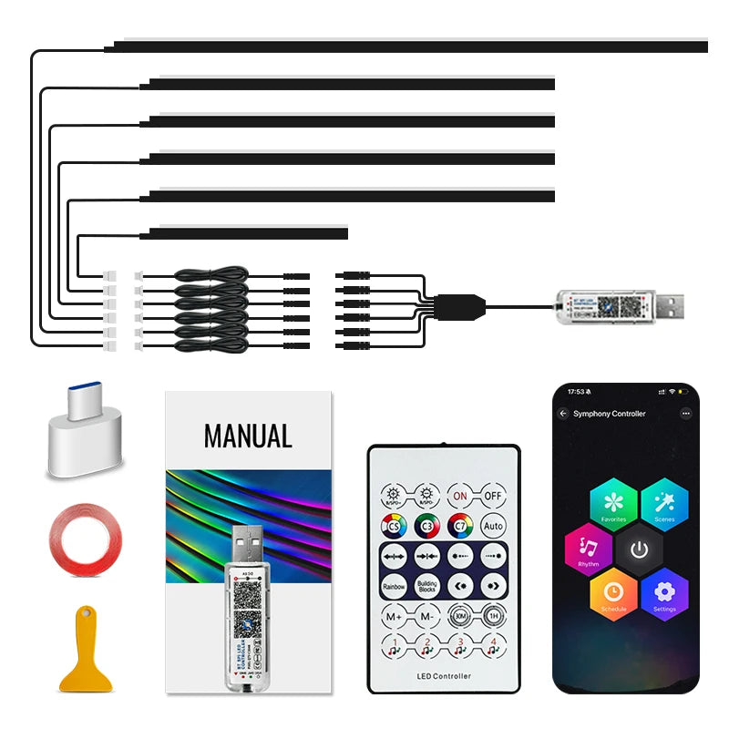 RGB Car Ambient LED Strip Lights with Music Sync App Control 6 in 1 Tidesmit