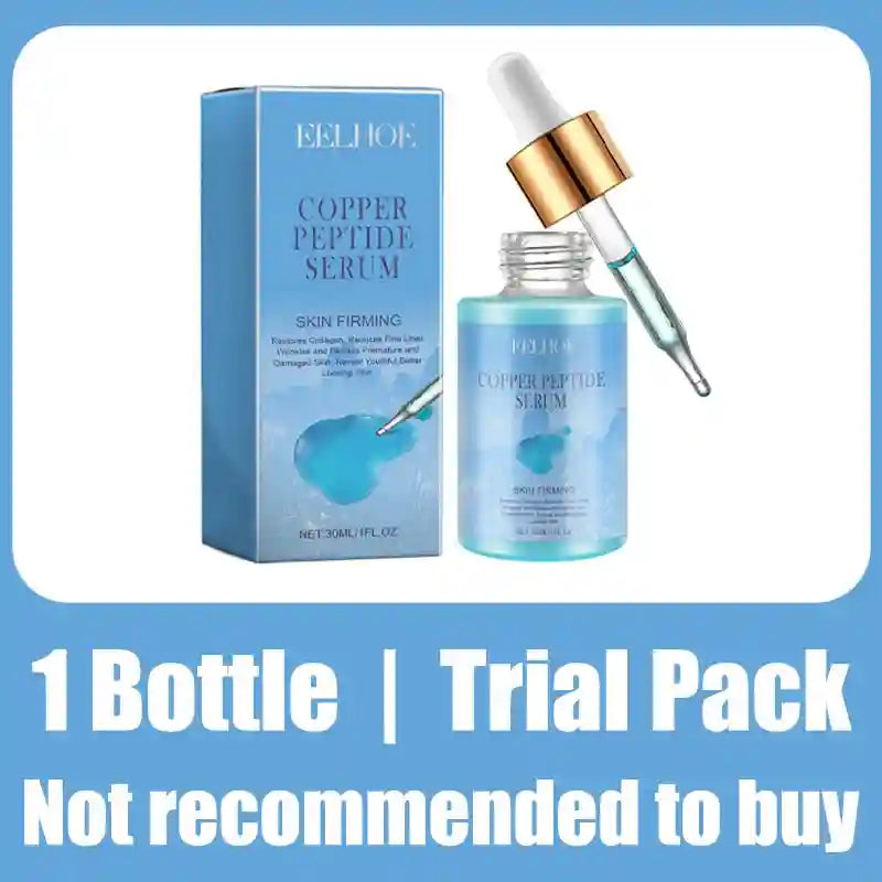 EELHOE Copper Peptide Serum in a light blue bottle and matching box with a gold-capped glass dropper.