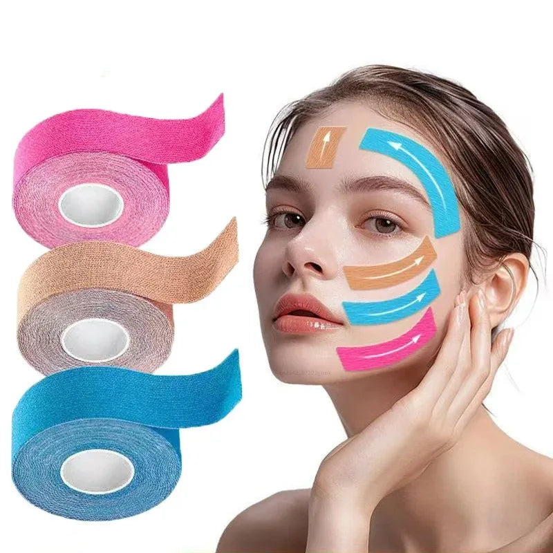 Three rolls of pink, beige, and blue face lifting tape, with a woman applying the strips to her forehead and cheek.