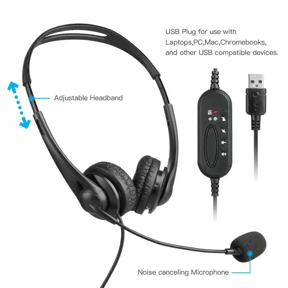USB Computer Headset with Noise Cancelling Microphone - Black Tidesmit Tidesmit