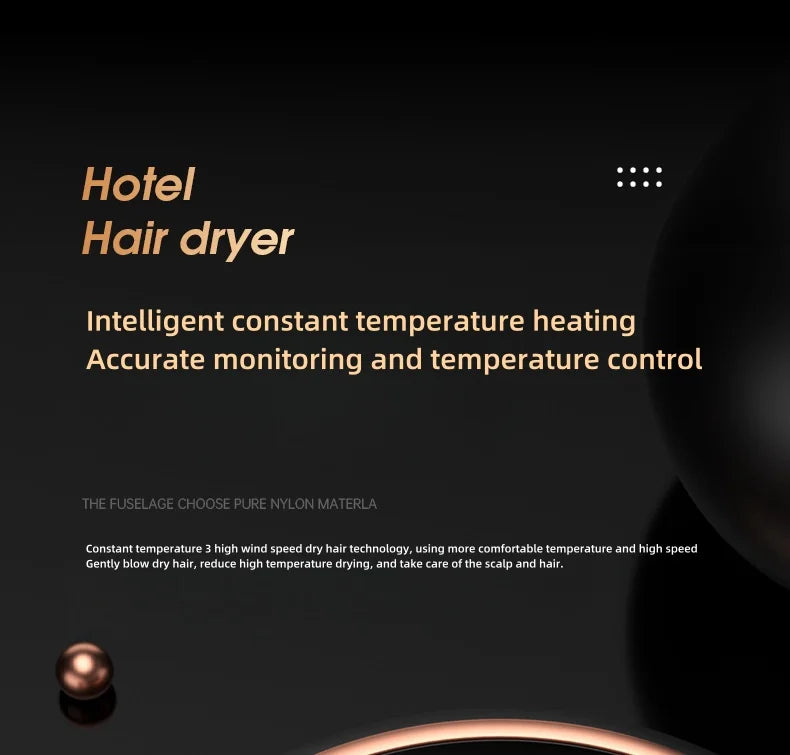 Black wall-mounted hotel hair dryer featuring constant temperature control, high-speed drying, and nylon construction.