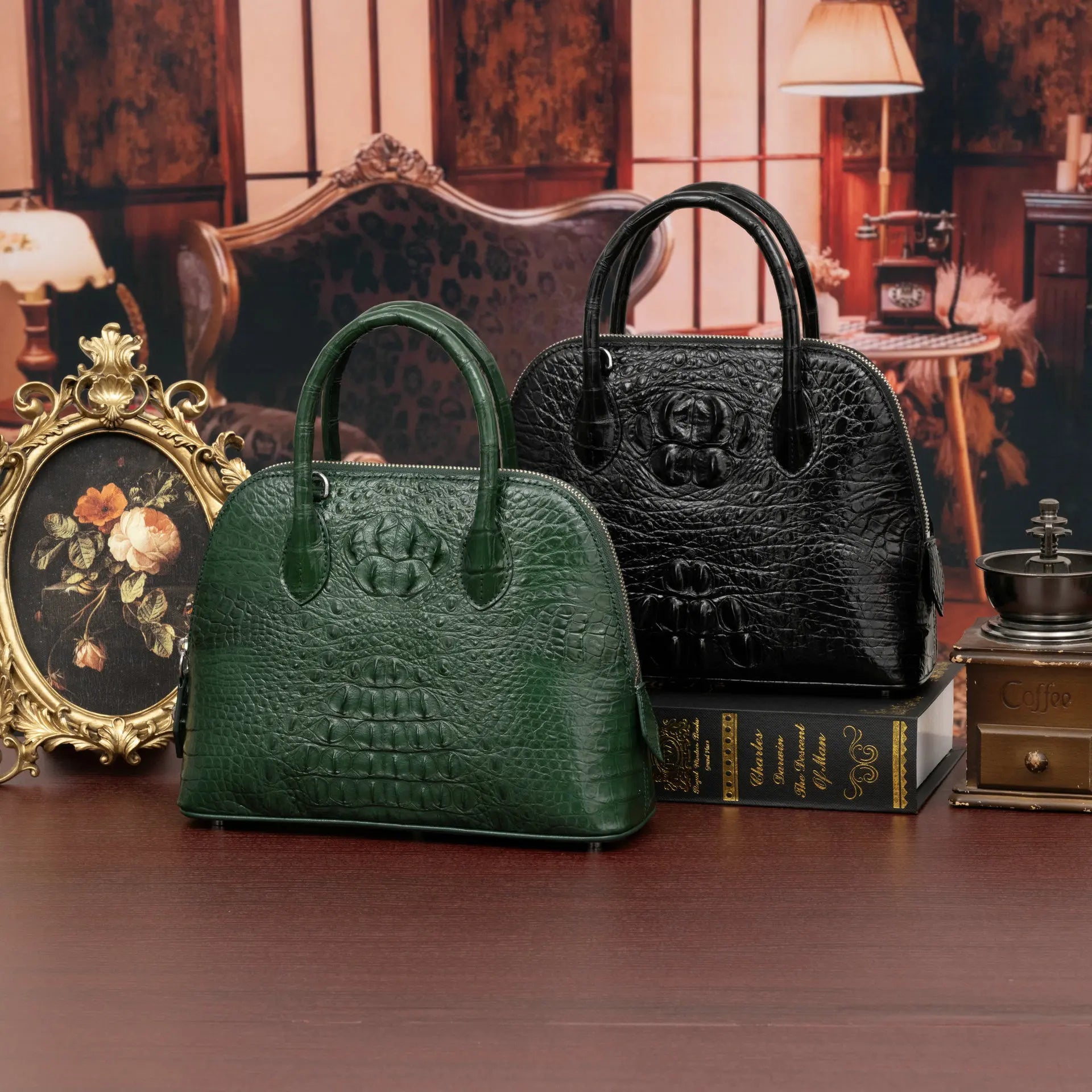 2024 Large Crocodile Leather Women's Bag Fashion Bowling Lady Handbag Genuine Leather Shuolder Crossbody Bag Travel Shell Bag 45