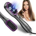 Hatteker grey anion hot air hair straightening brush with purple trim for smooth, salon-style styling at home.