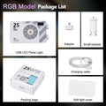 RGB LED panel light set including adapter, tripod bracket, USB cable, packing box, and silicone soft light cover.