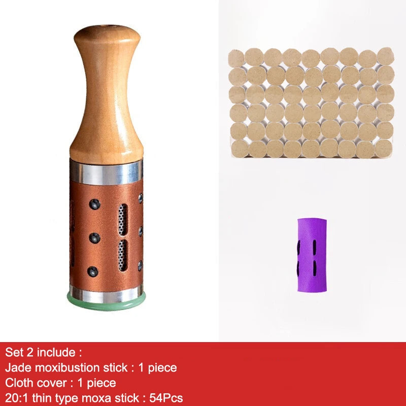 Moxibustion tool with wood handle, metal drum, and jade base, plus 54 moxa sticks and a purple cloth cover.