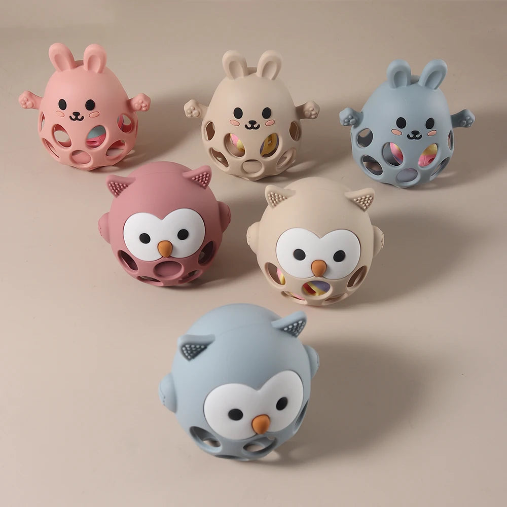 Silicone Teether Baby Gift Owl Shaped Cartoon Cute Teething Toy Chew Bead Sensory Gum Relief Soother Bell Sound Soft Cute
