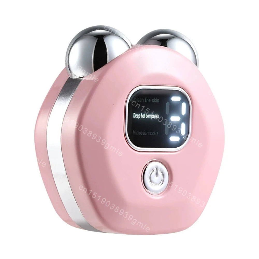 Pink portable facial massager with two silver roller heads, a digital display, and a power button.