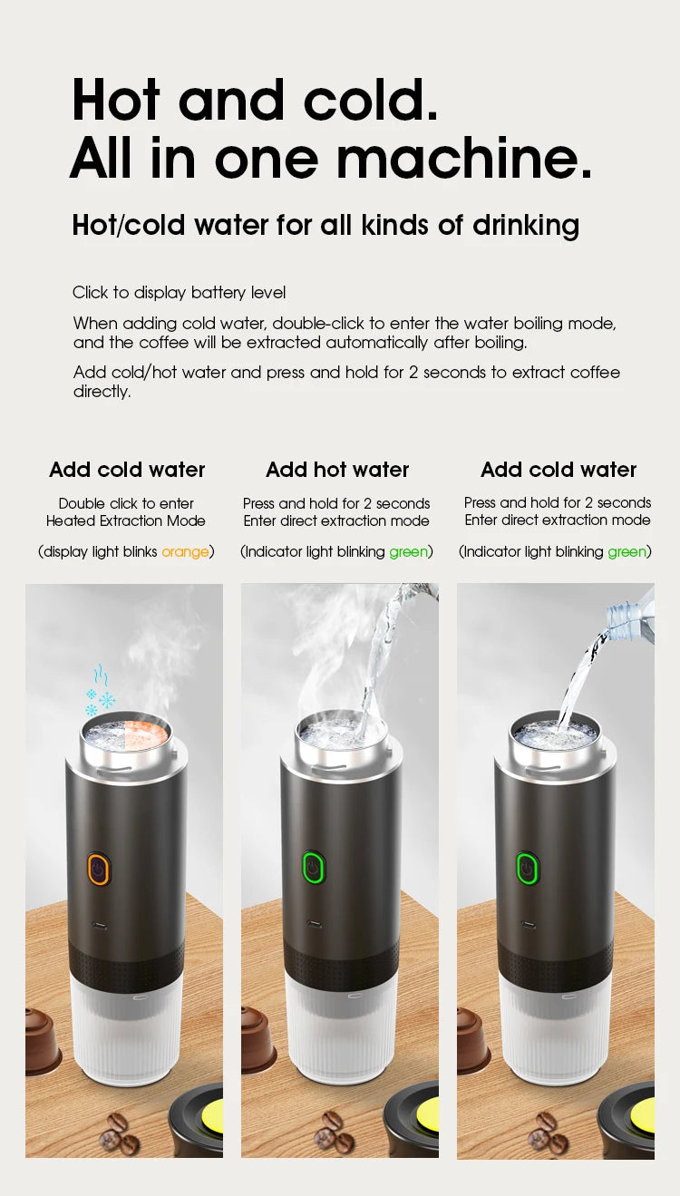 Portable dark gray electric coffee maker with heating modes and indicator lights for hot or cold water extraction.