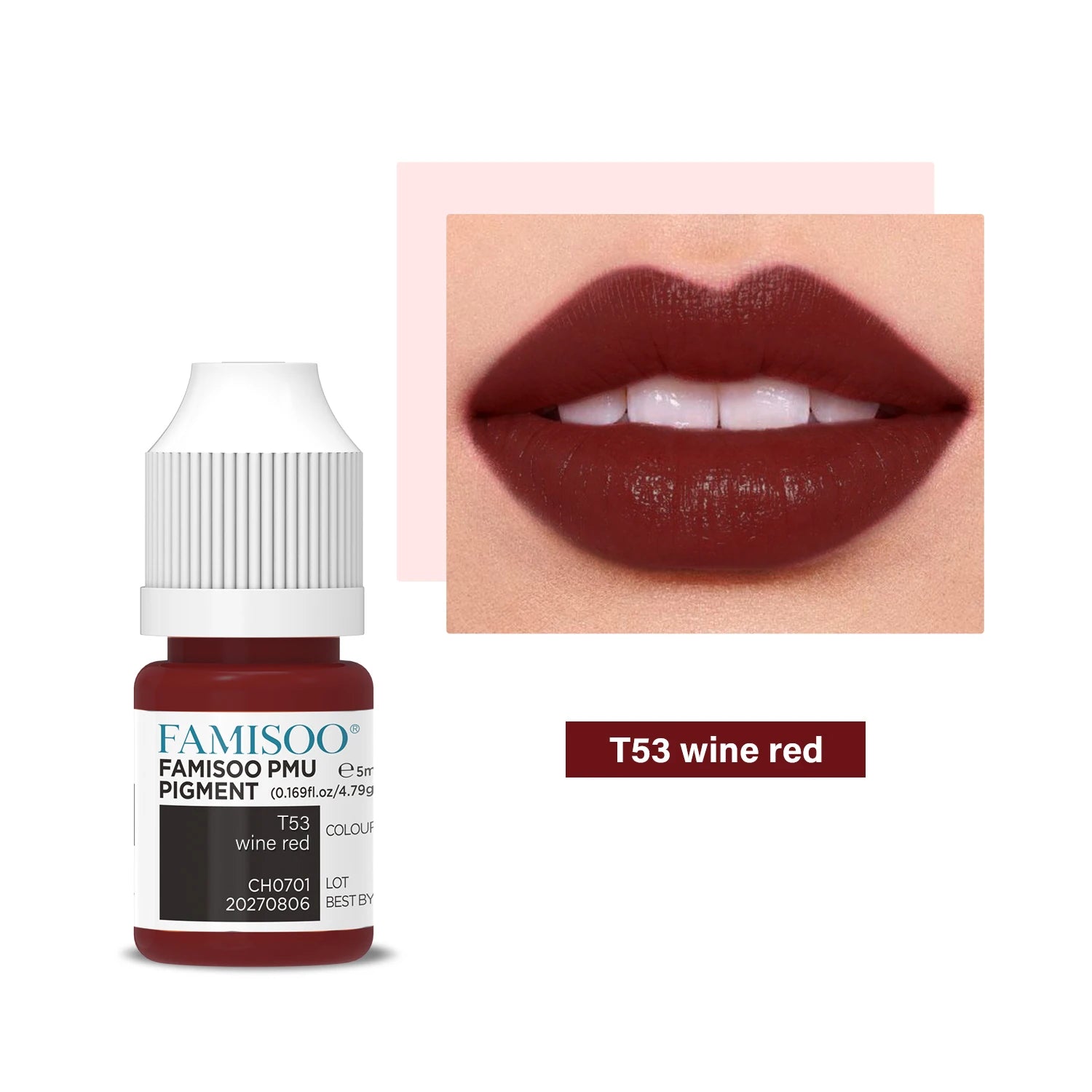 T53 wine red PMU pigment in a 5ml squeeze bottle with a sample of the deep red color on lips.