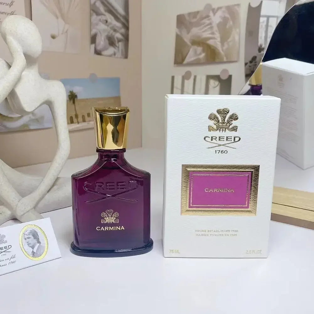 Creed Carmina Eau de Parfum for women, deep purple glass bottle with gold cap and iconic box, 75ml luxury fragrance.