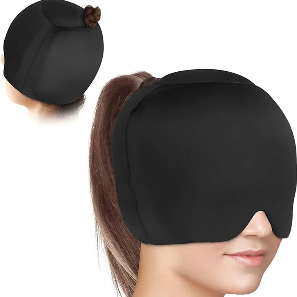 Black migraine ice cap, reusable hot cold gel hat for headache relief with light-blocking design and top gel coverage.