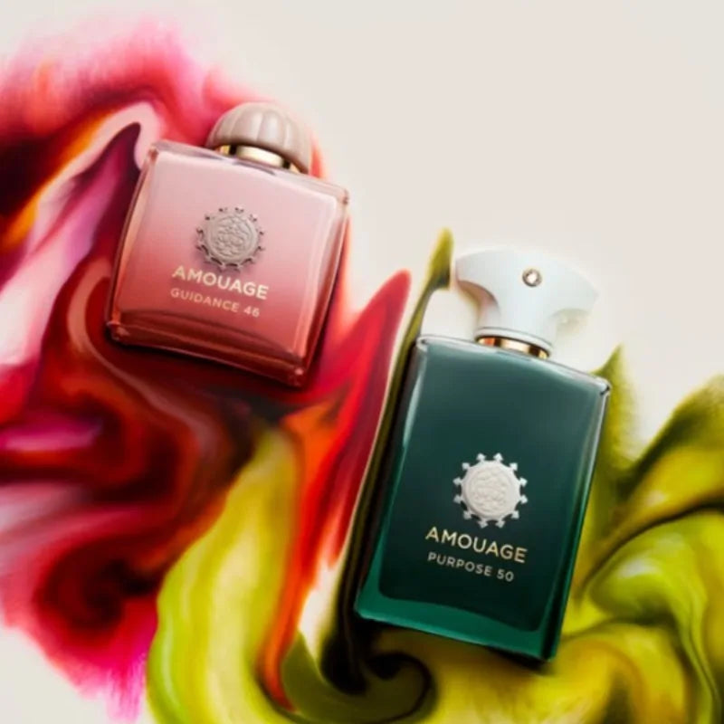 Guidance 46 pink bottle and Purpose 50 green bottle rectangular perfumes with artistic fluid backgrounds.