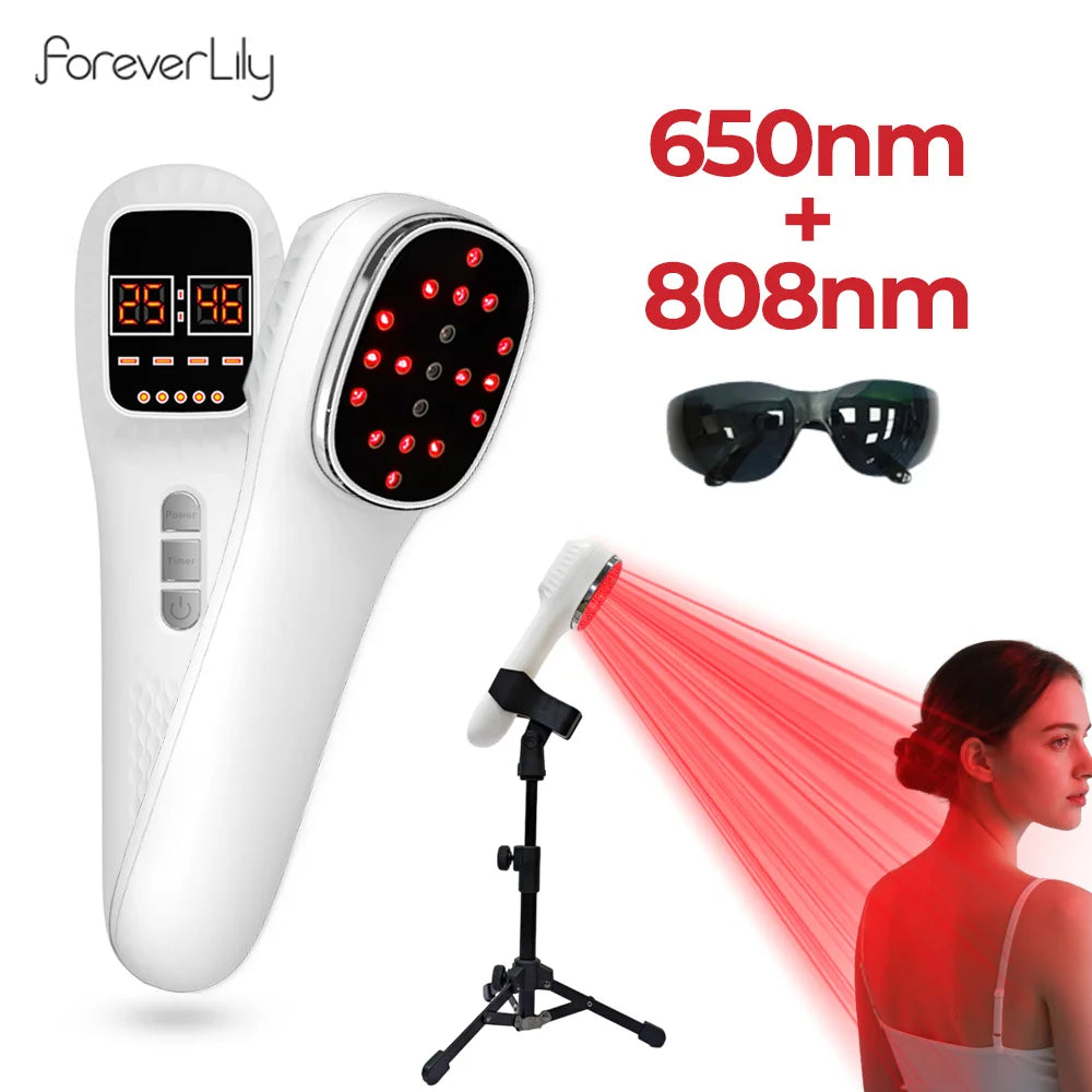 White handheld red light therapy device with 650nm/808nm LEDs, display screen, tripod stand, and protective eyewear.