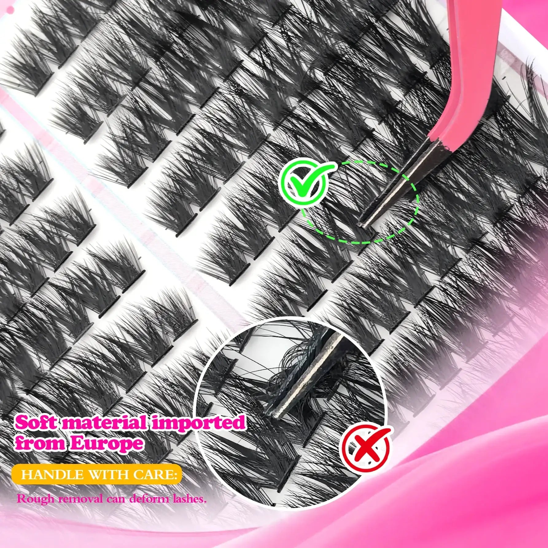 Tray of black individual cluster lashes with tweezers, showing correct and incorrect removal methods.
