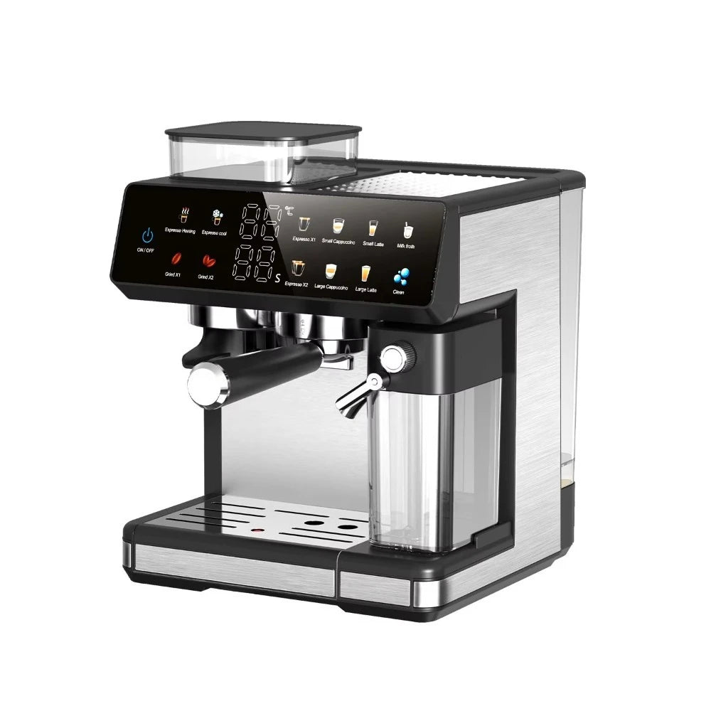 Silver and black automatic espresso machine with touch screen interface, integrated grinder, and milk frothing tank.