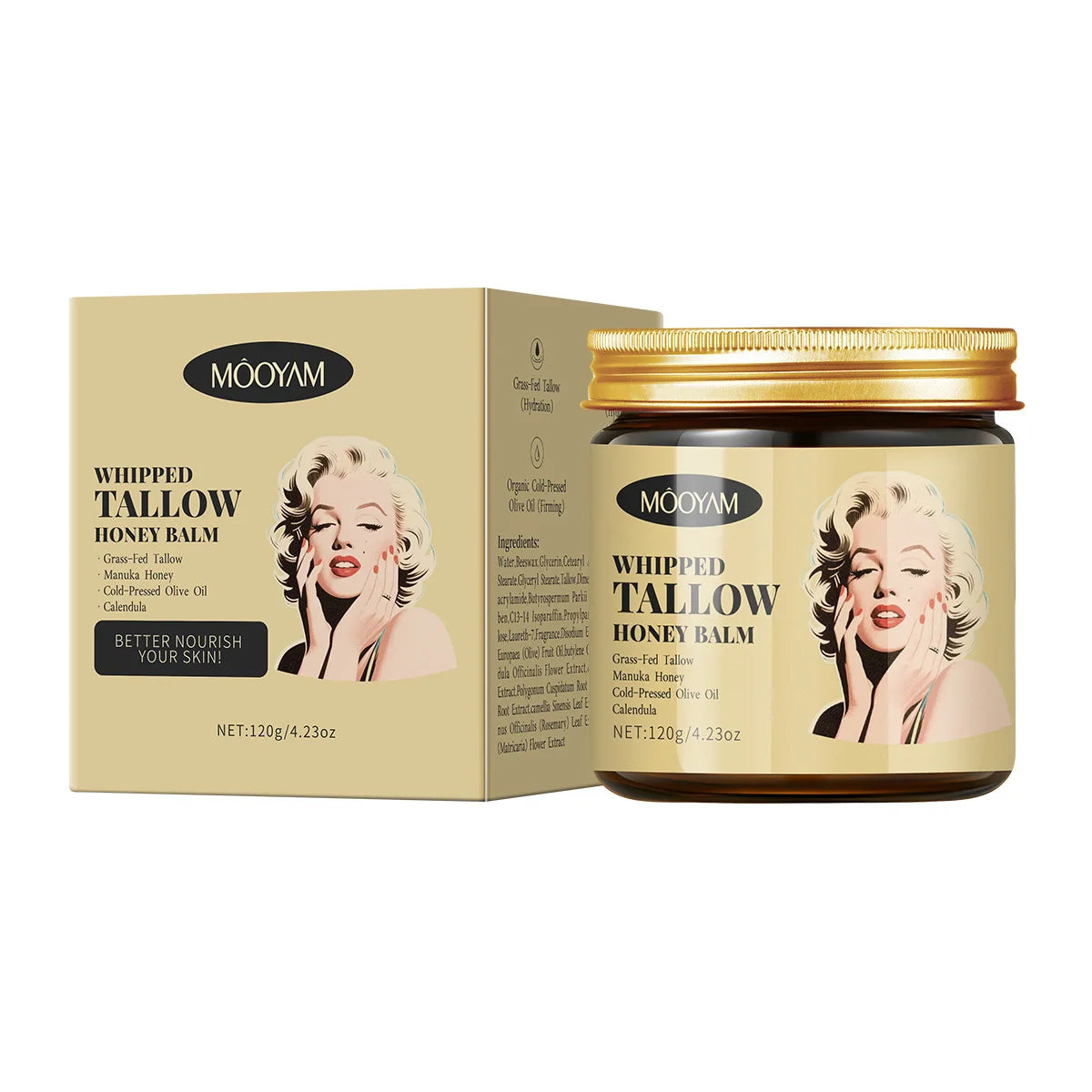 120g Whipped Beef Tallow And Honey Balm Beef Tallow Face Moisturizer Face & Body Skin Care Grass Fed Grass Finished Face Cream