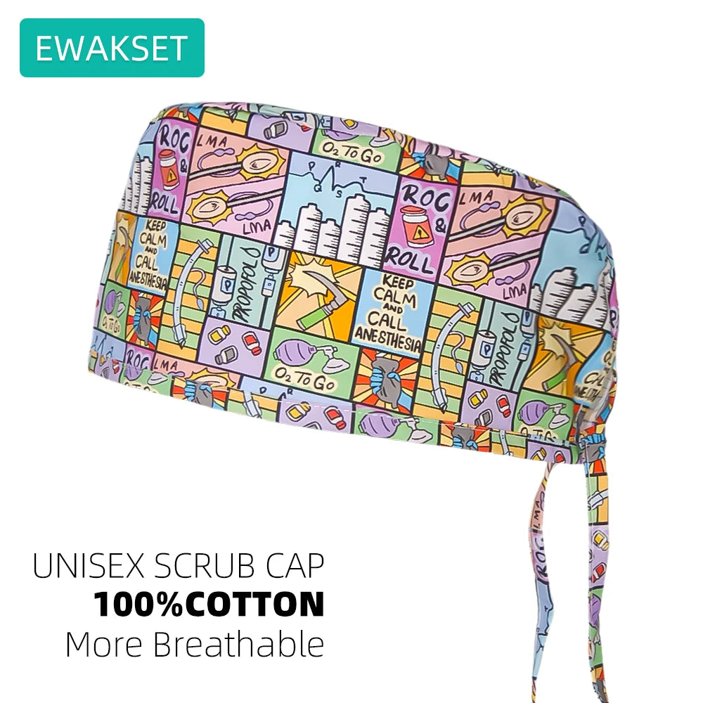 Unisex breathable cotton scrub cap with medical anesthesia print, adjustable tie-back for vet, dental, and nursing staff.