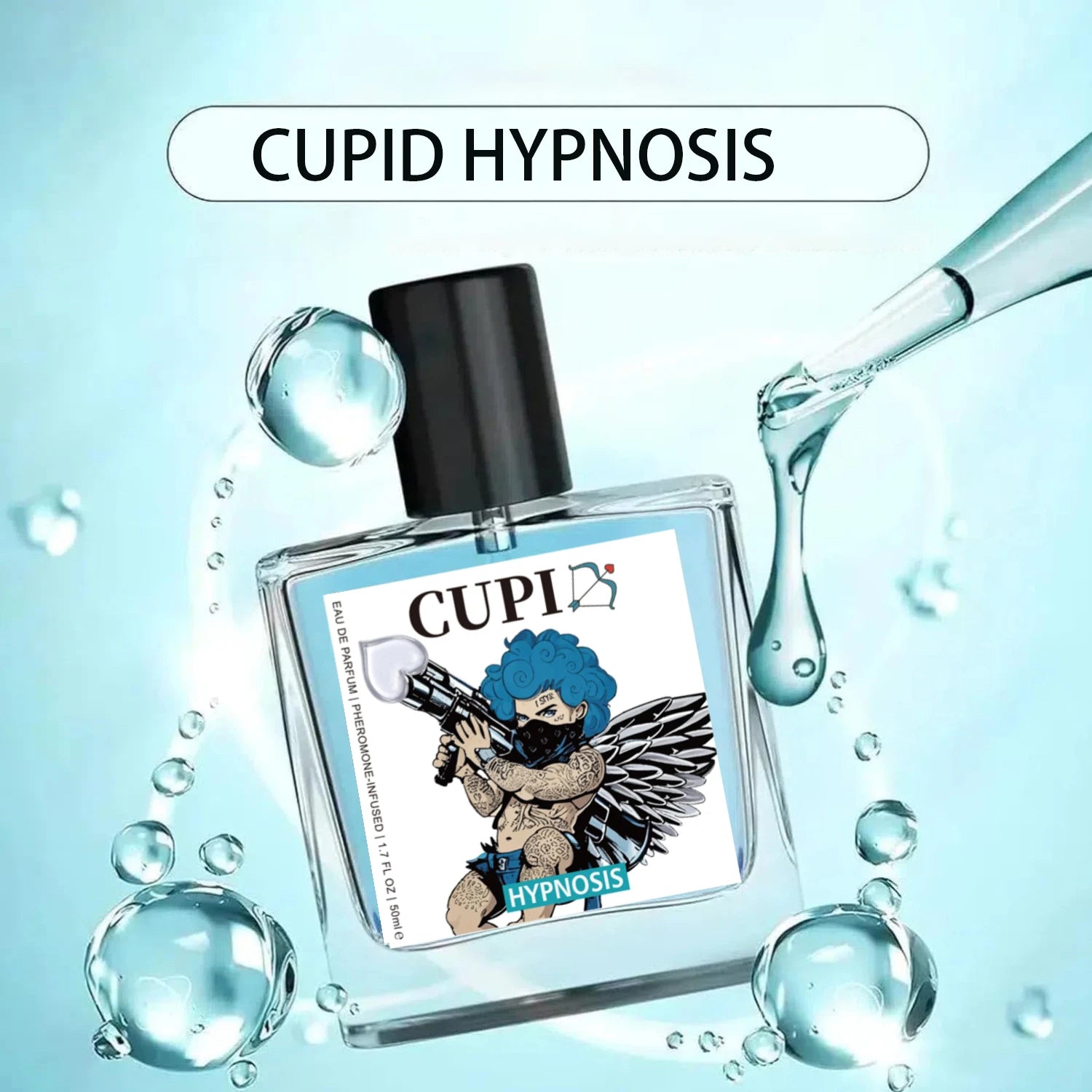 Cupid Hypnosis 2.0 Pheromone Eau de Parfum for men: 50ml square glass bottle with Cupid illustration and water droplets.
