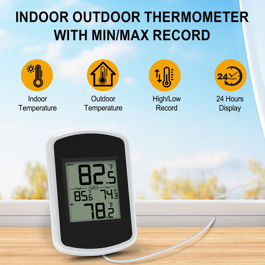 Wired Digital Thermometer Waterproof Indoor Outdoor Temperature Monitor with Min/Max Record 2m Line Probe Sensor for Home Room