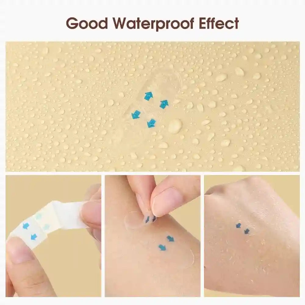 Transparent, oval V-shape face lifting adhesive patches shown being applied to skin to demonstrate waterproof quality.