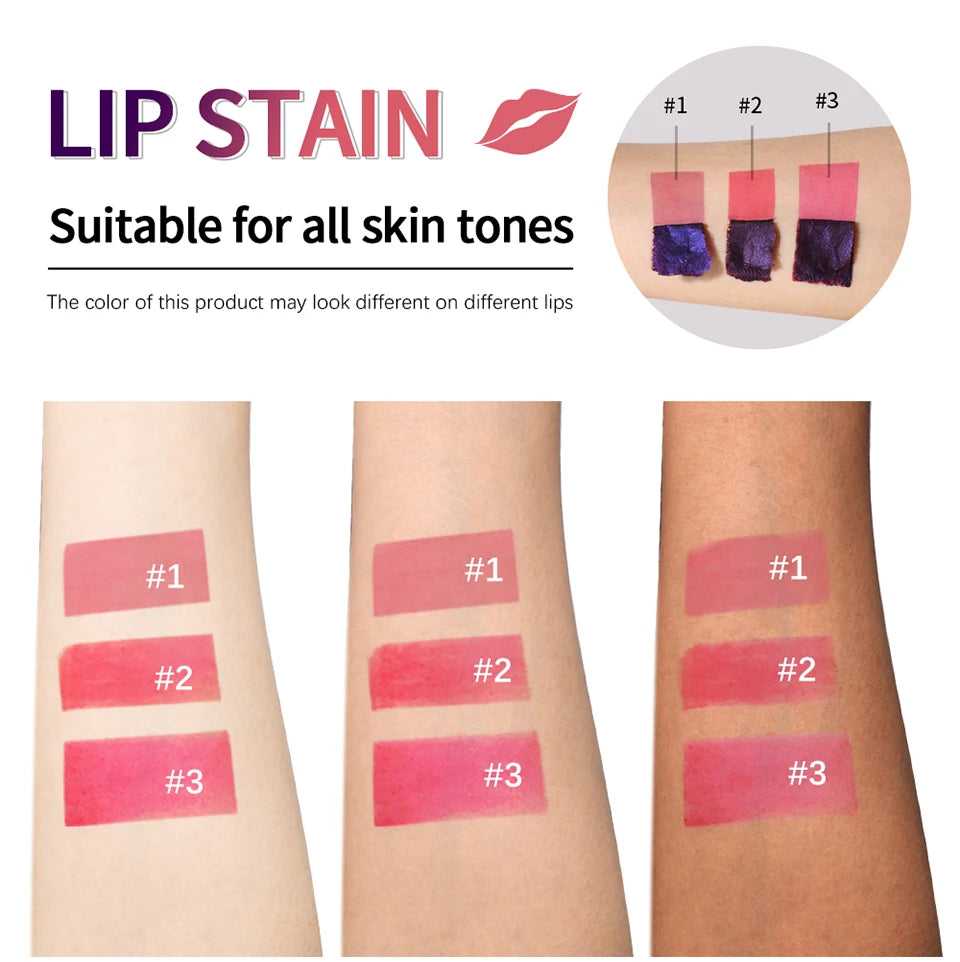 Lakerain matte peel-off lip stain swatches on three skin tones showing long-lasting, natural mist waterproof tint colors.