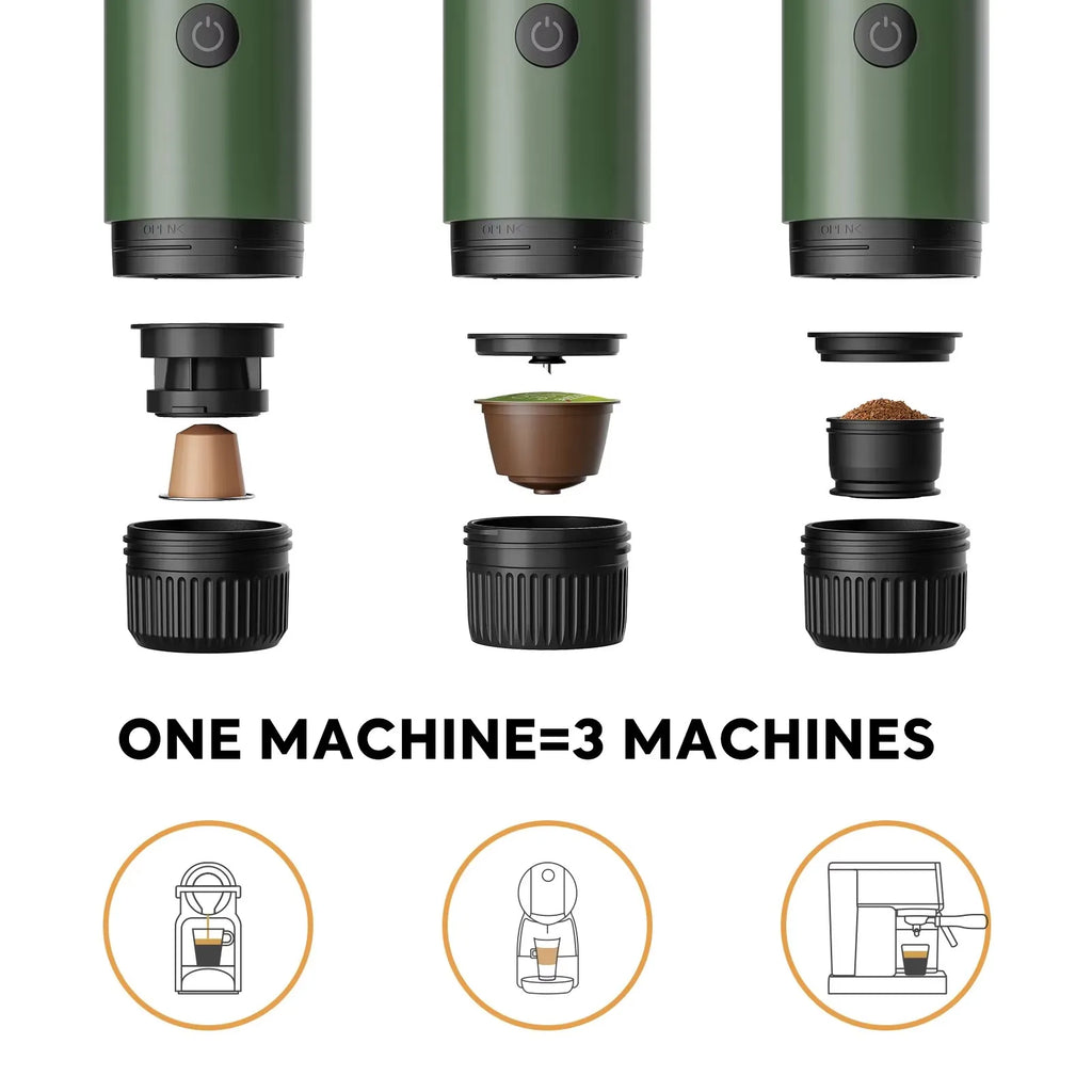 Portable green espresso maker showing versatile 3-in-1 coffee capsule and ground coffee brewing components.