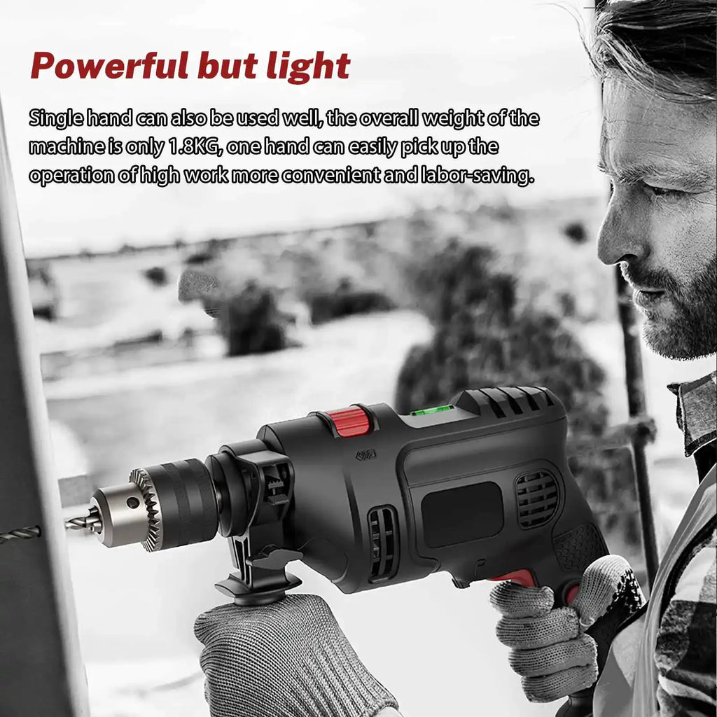 Black electric screwdriver drill with red switch, angled view with gloved hand