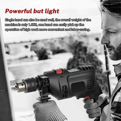 Black electric screwdriver drill with red switch, angled view with gloved hand