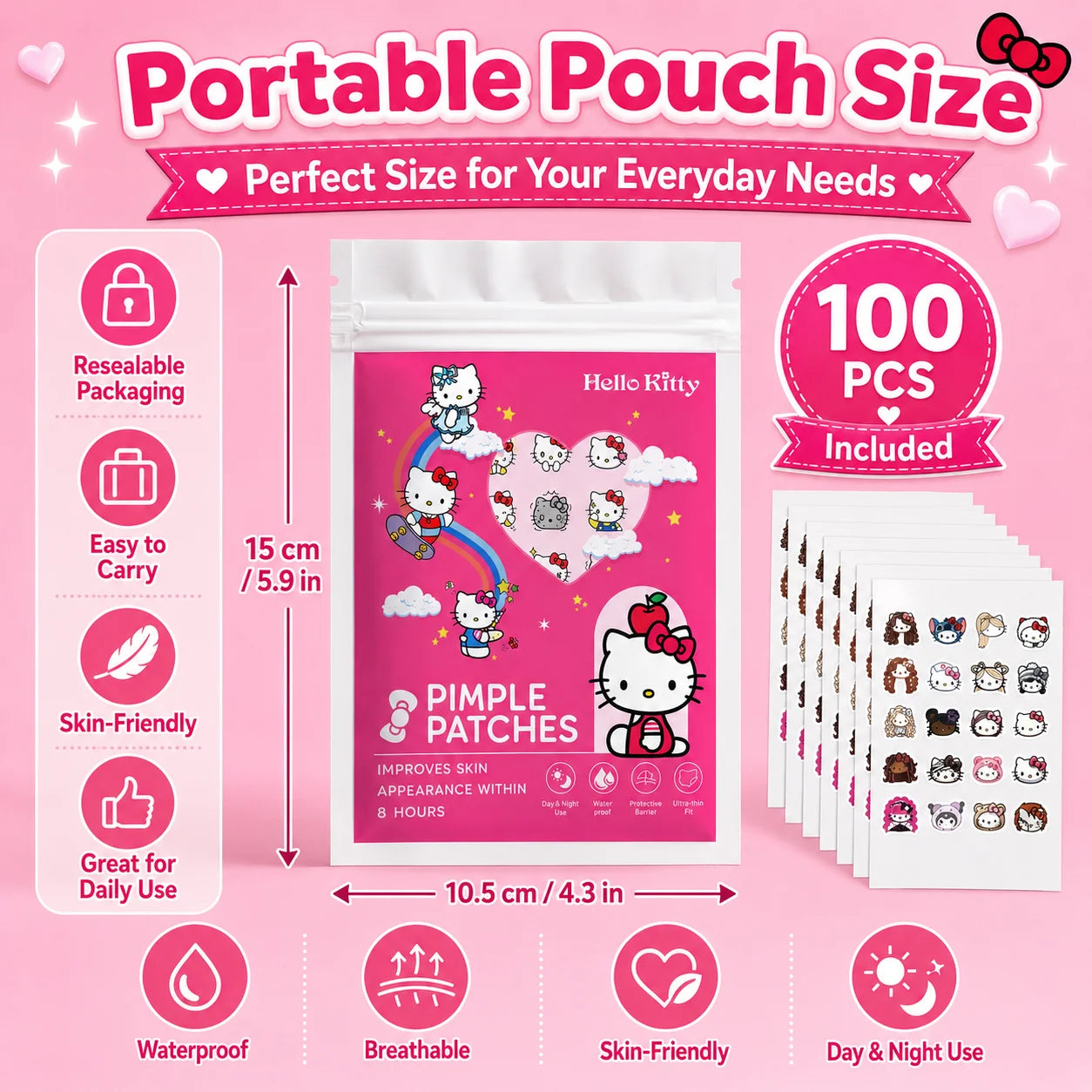 100PCS hello kitty Acne patches, facial acne patches, hydrogel acne removal patches, concealer