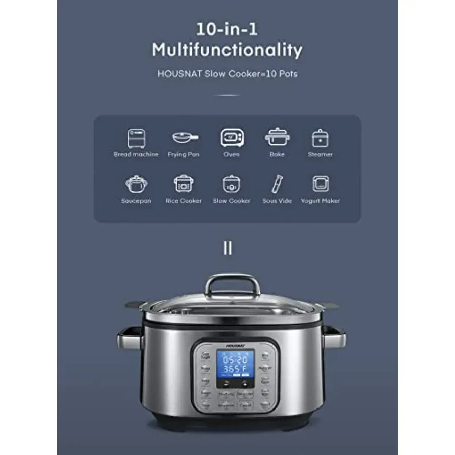 Silver 10-in-1 multi-cooker with lid and control display, shown with function icons