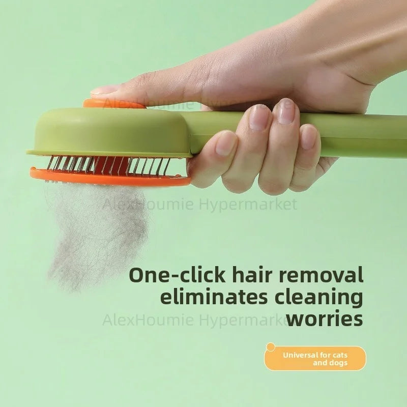 Green self-cleaning cat and dog grooming brush with one-click hair removal for easy pet shedding control.
