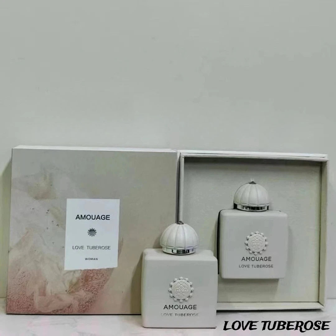 Amouage Love Tuberose EDP for women: elegant white square bottle with domed cap, floral tuberose scent, luxury perfume.