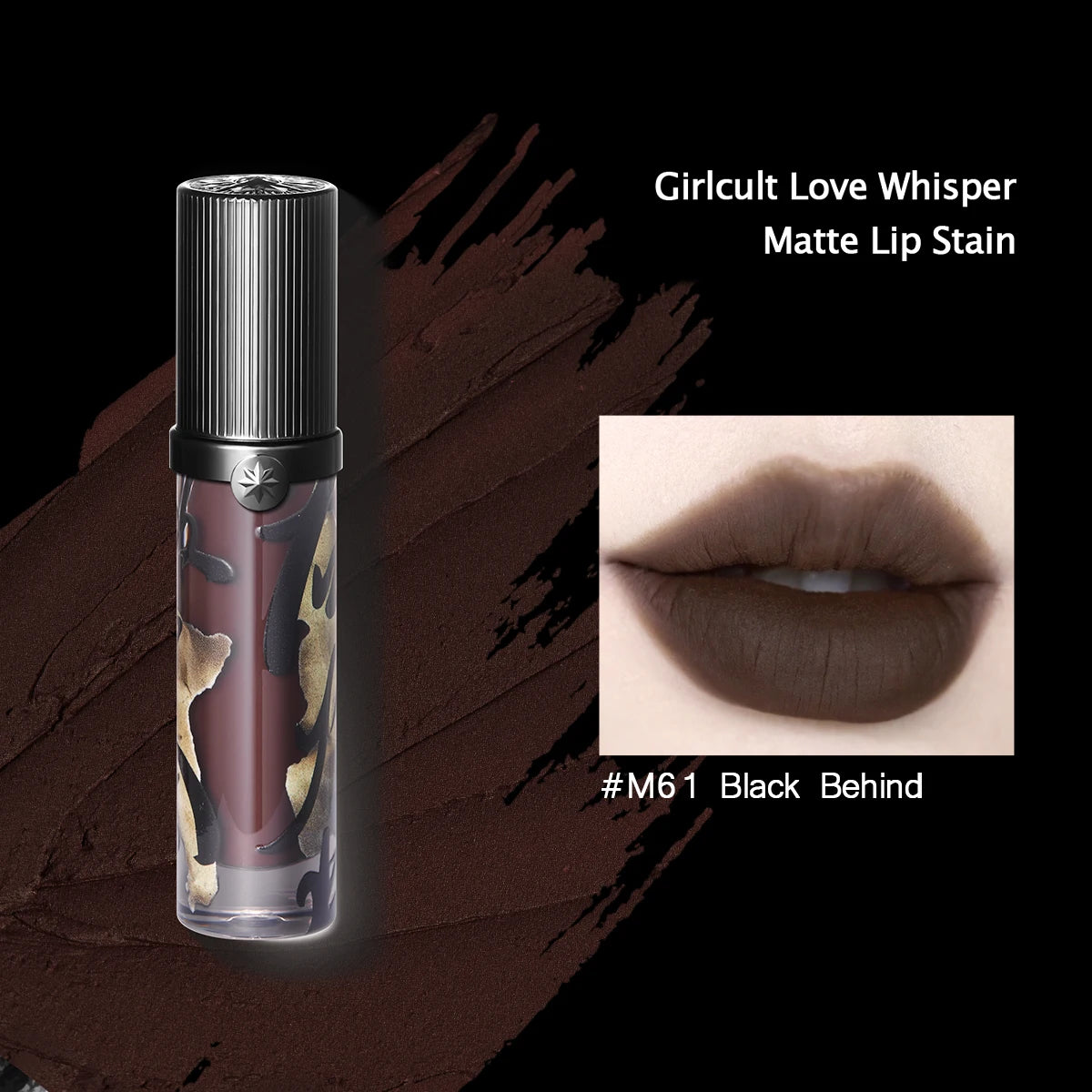 Girlcult Love Whisper Matte Lip Stain in M61 Black Behind: a dark brown, velvet matte liquid lipstick with soft finish.