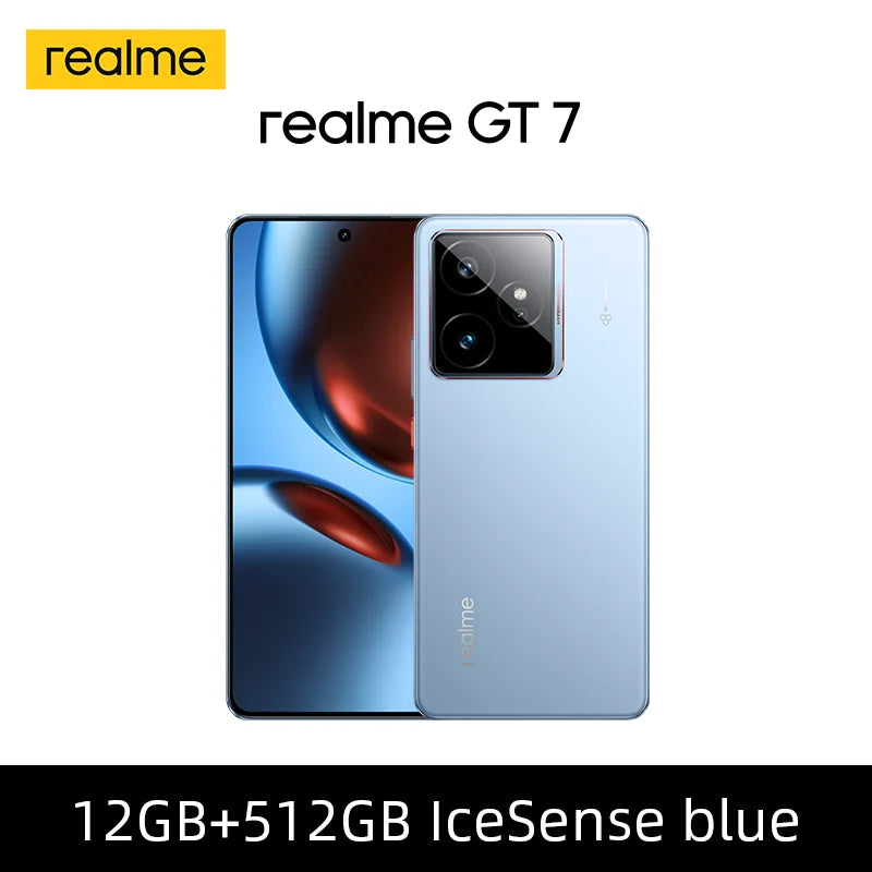 realme GT 7 IceSense Blue smartphone, 6.78 AMOLED, triple camera, 7000mAh battery, front and back view, EU Version.