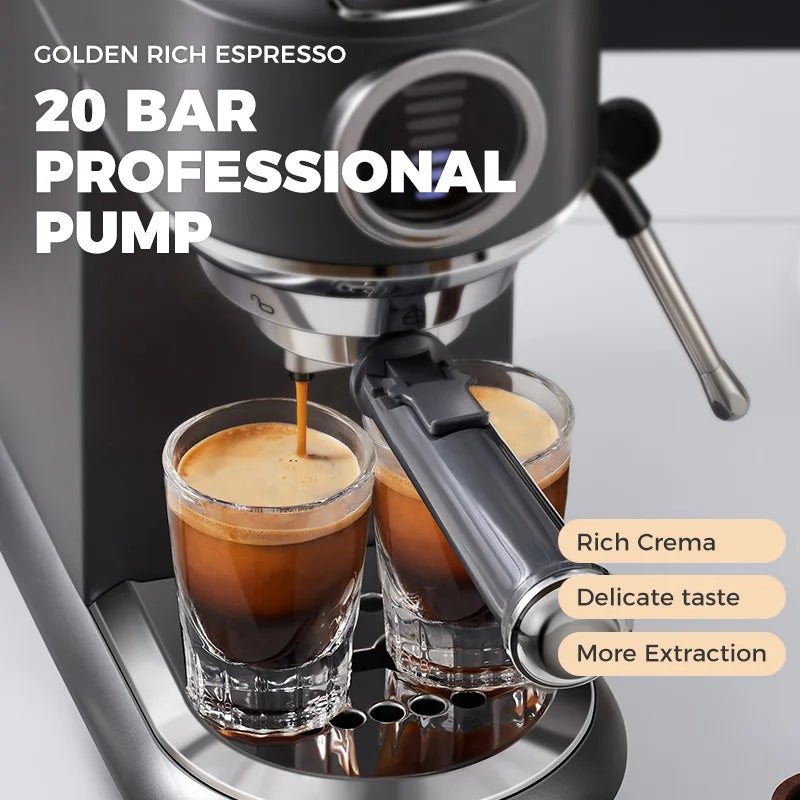 Matte black 20-bar professional espresso machine with stainless steel portafilter pouring two shots of espresso.