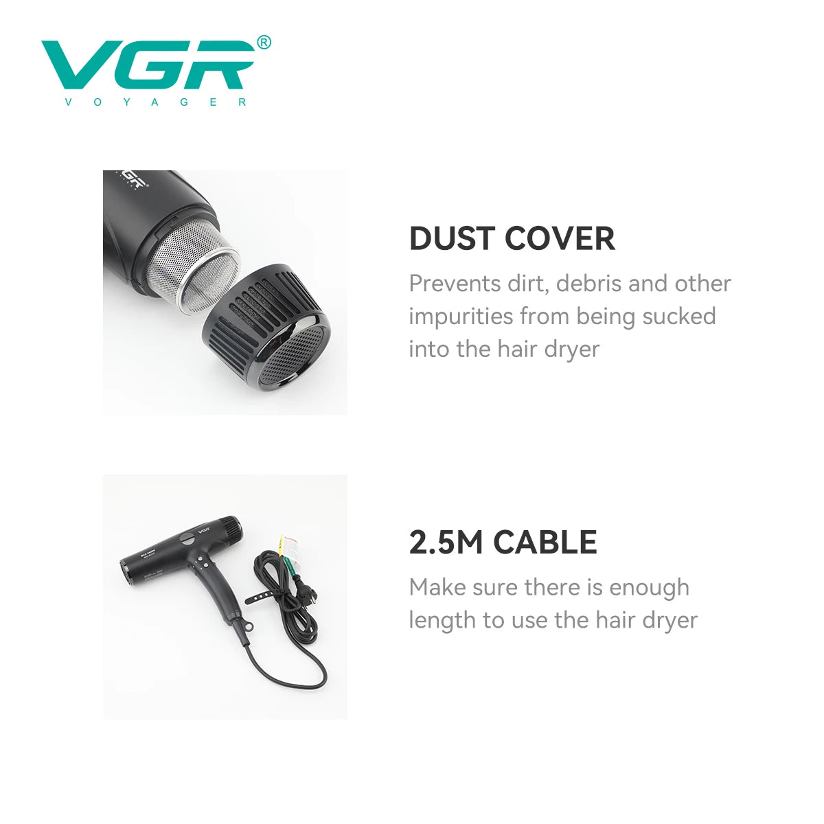 VGR V-469 professional black hair dryer with removable dust cover filter and long 2.5m power cable for salon use.
