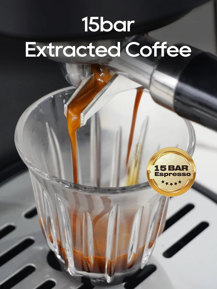 Black 15-bar espresso machine portafilter dispensing fresh coffee into a clear ridged glass cup.