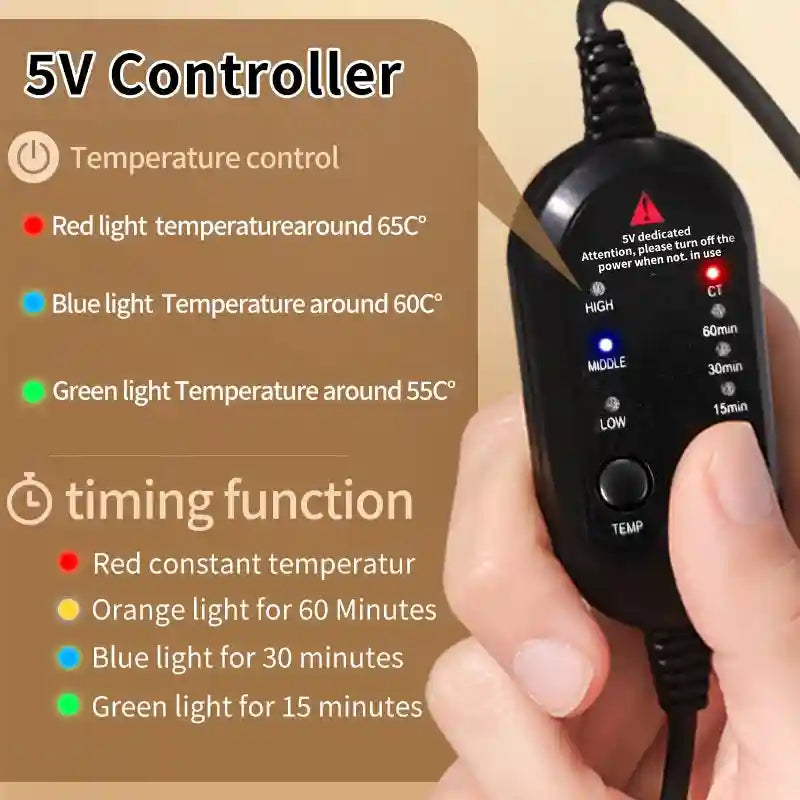 Black 5V temperature controller with adjustable heat settings and timer, controlled by a single button interface.