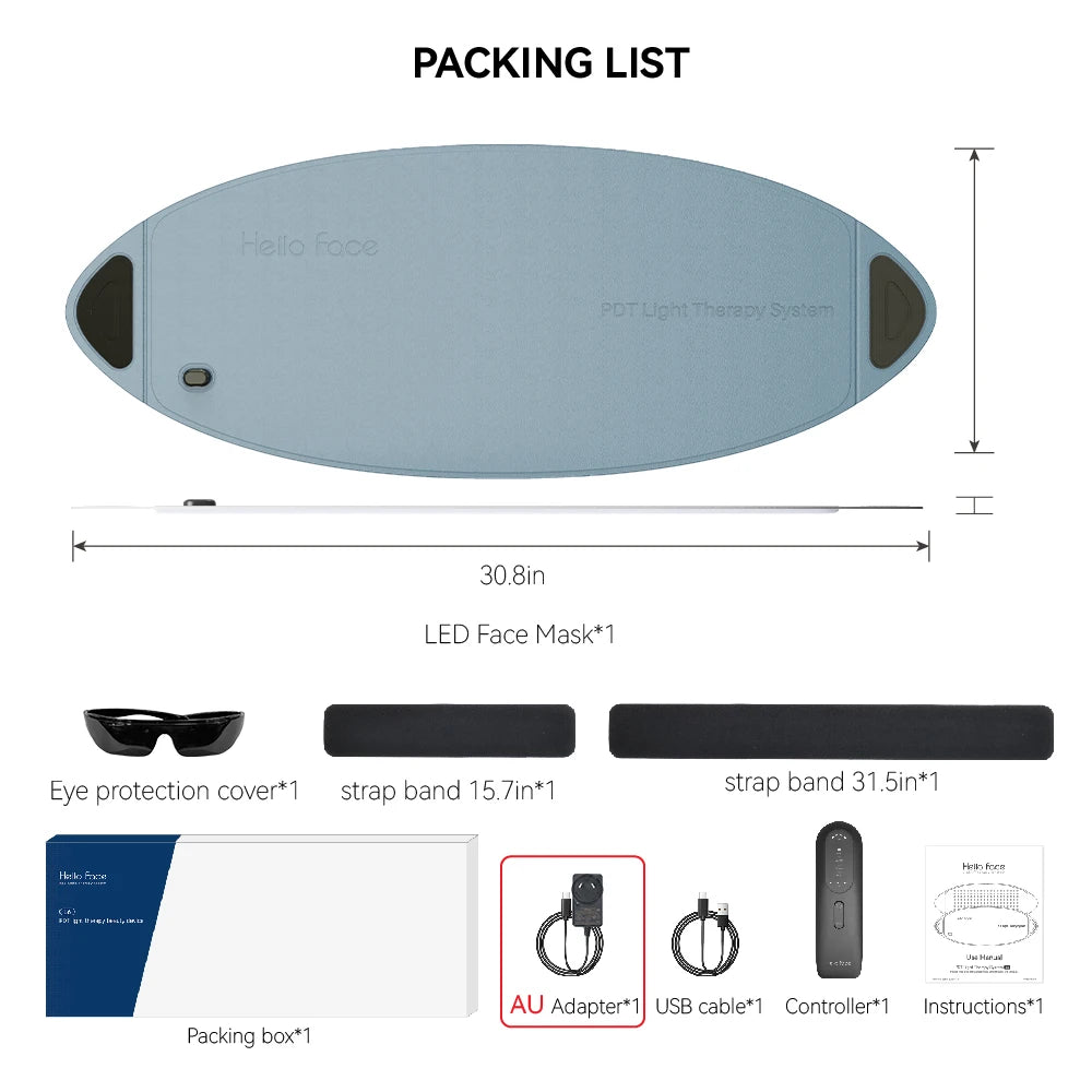 Packing list for Hello Face L6 LED therapy device, including blue oval panel, straps, eyewear, controller, and cables.