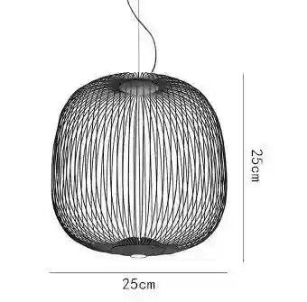 Round black wire pendant light, 25cm diameter and height, for overhead interior lighting.