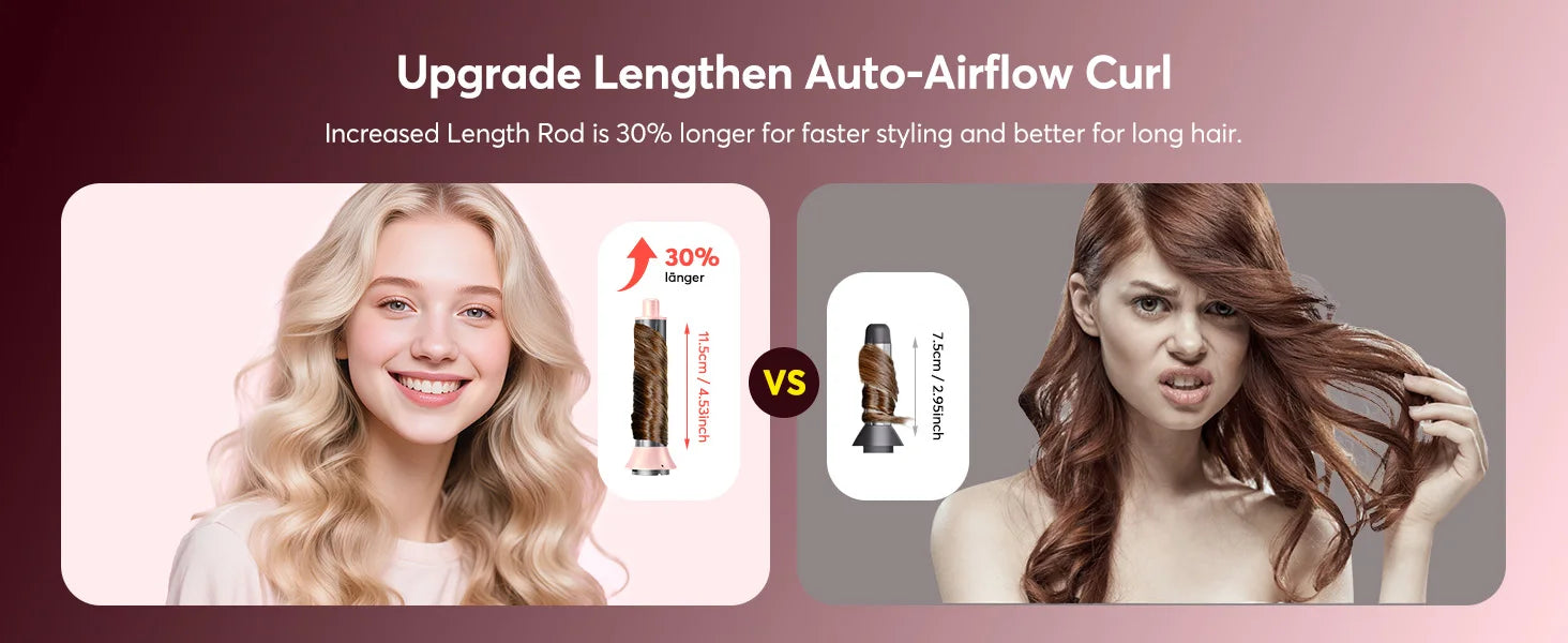 5-in-1 hot air styler with 30% longer auto-wrap curler barrel for fast, professional styling on long hair.