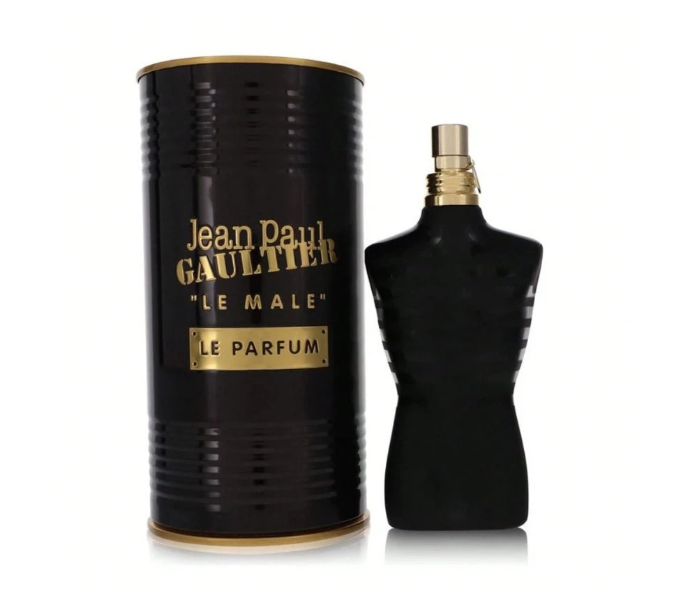 Jean Paul Gaultier Le Male Le Parfum for men: iconic torso-shaped bottle and black tin canister EDP fragrance.