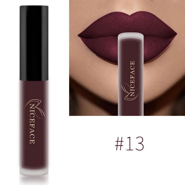 Niceface waterproof matte liquid lipstick #13 in deep burgundy on lips, long-lasting smudge-proof lip makeup.