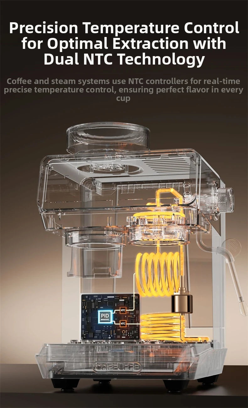 Transparent Cafeffe espresso machine highlighting internal heating coils and NTC temperature control technology.